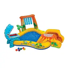 Надувний ігровий центр Intex 57444 «Динозаври», 249 х 191 х 109 см, з гіркою для спуску, фонтаном та кульками 6 шт. топ
