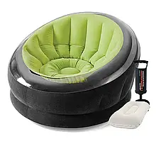 Надувне крісло Intex 68581-2, 112 х 109 х 69 см, з ручним насосом та подушкою, зелене топ