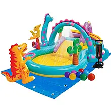 Надувний ігровий центр Intex 57135-2 "Планета динозаврів", 333 х 229 х 112 см, з кульками 10 шт, підстилкою, насосом топ