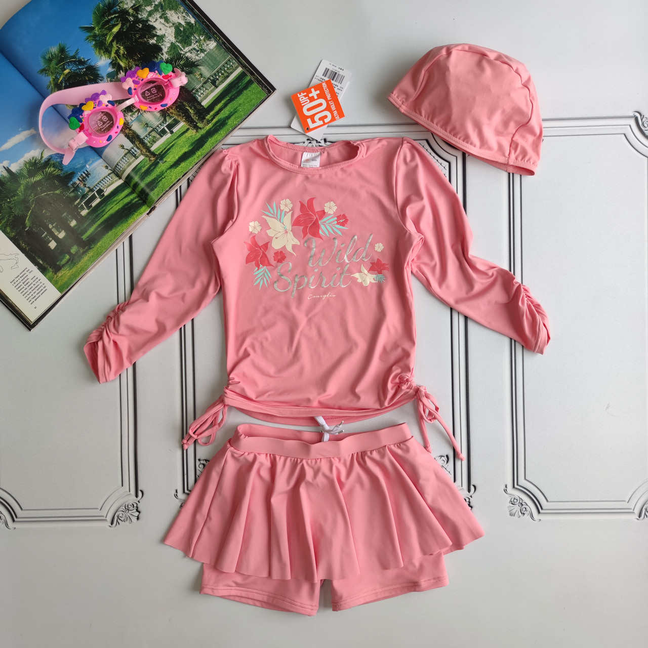 Дитячий рожевий сонцезахисний купальний костюм для плавання з upf 50+