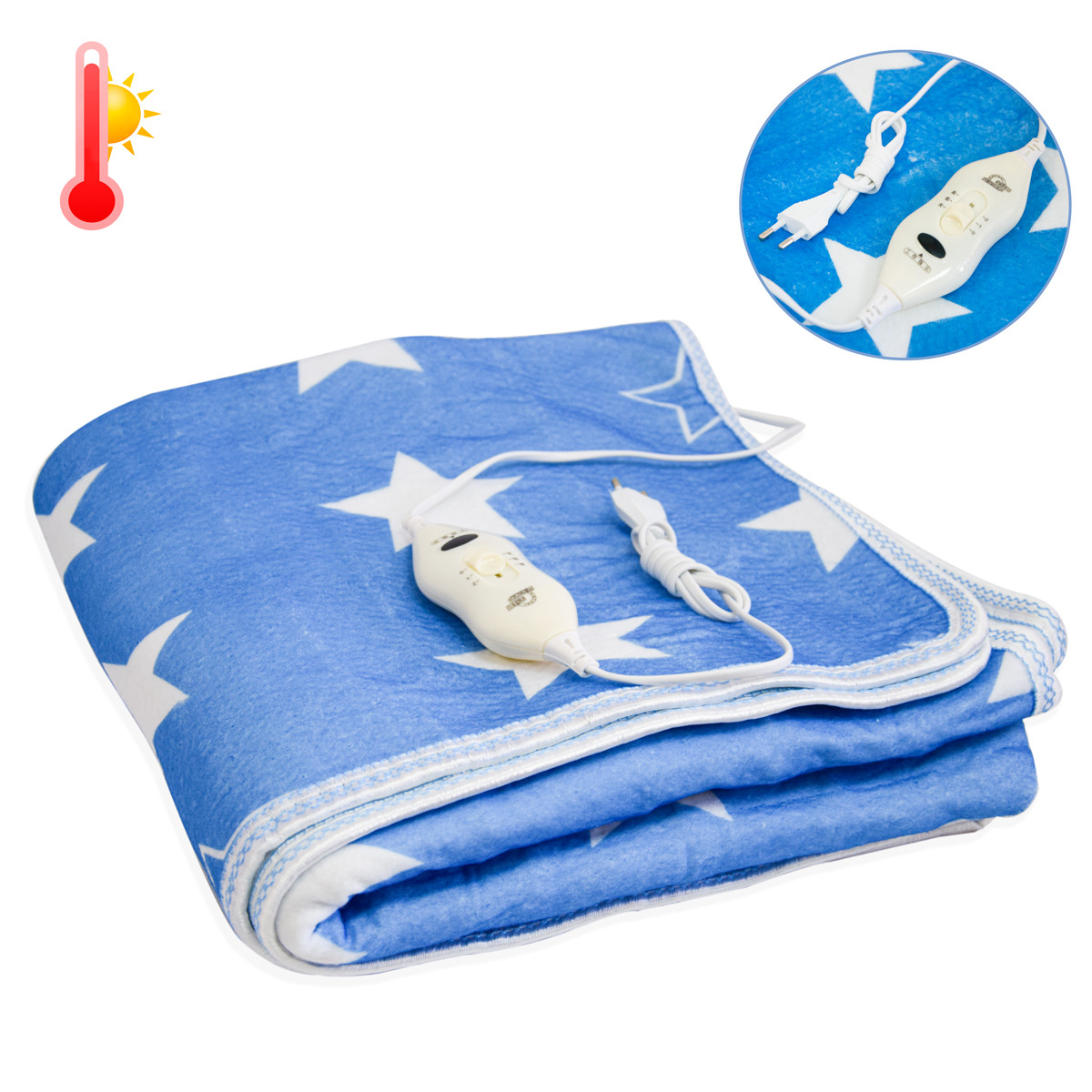 Електричне простирадло 150х113 см Electric Blanket Синє з білими зірками, термопростирадло двоспальне 86 W (ST), фото 1