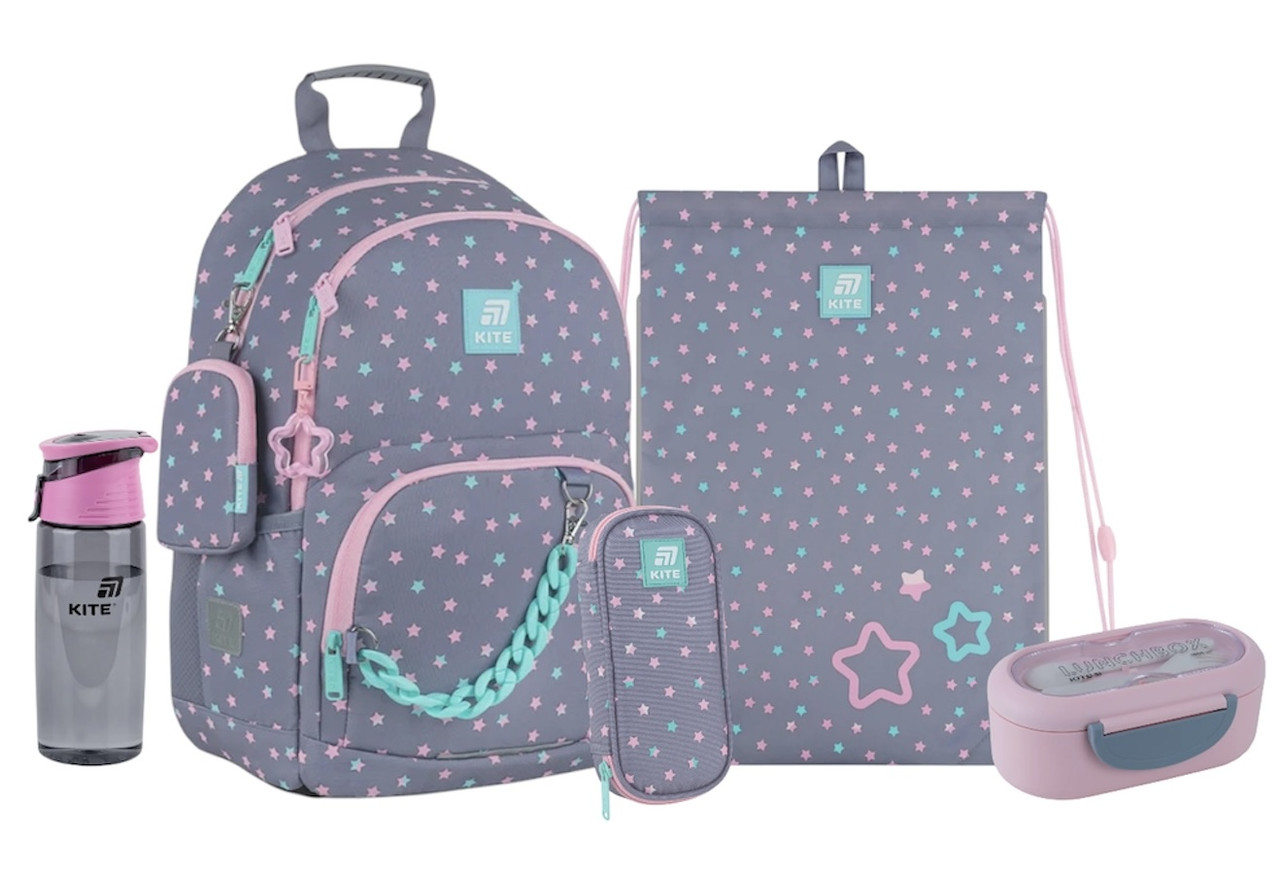 Шкільний набір Kite Education Kawaii Stars (рюкзак, пенал, сумка, ланчбокс, пляшка) 130-145 см