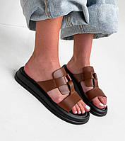 Жіночі літні шкіряні шльопанці нанизьком ходу коричневі натуральна шкіра