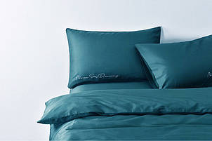 Постільна білизна сатин Deluxe Bella Villa з вишивкою темно-бірюзовий (Т-0011)