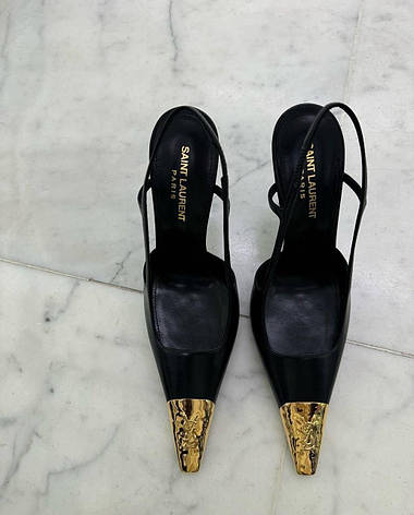 Жіночі чорні шкіряні туфлі — слінгбекі YSL Jeanne Slingback із золотим каблуком Yves Saint Laurent, фото 1