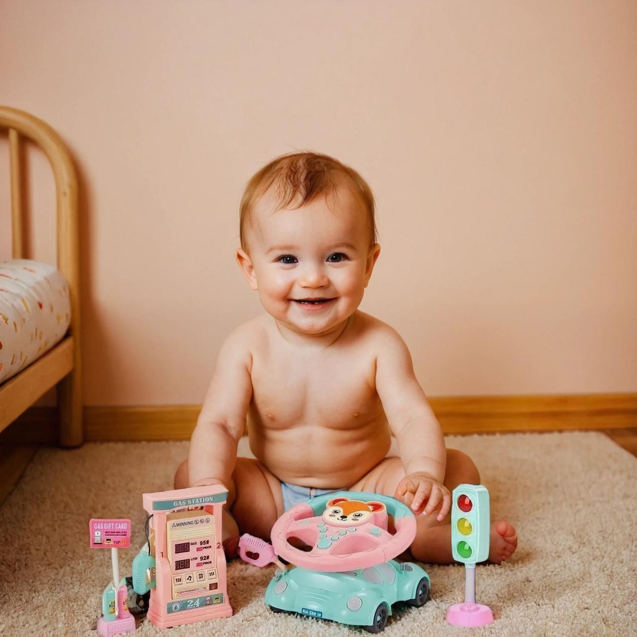 Дитячий музичний кермо лисичка інтерактивна розвивальна іграшка машинка заправка світлофор світло звук мелодії, фото 1