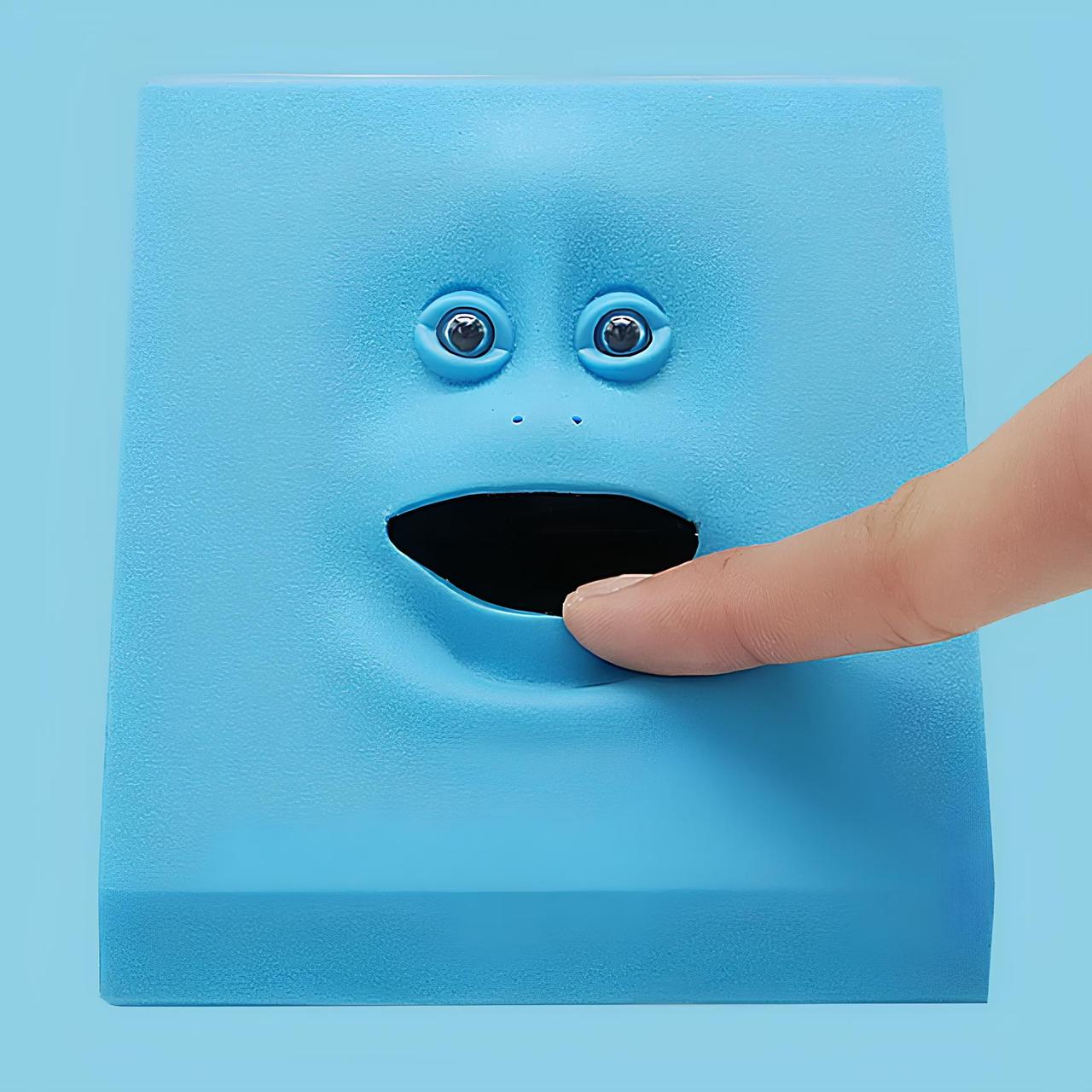 Копілка така, що їсть монети Facebank синя — оригінальна копілка з обличчям, яке рухається, для зберігання монет, 10×10 см