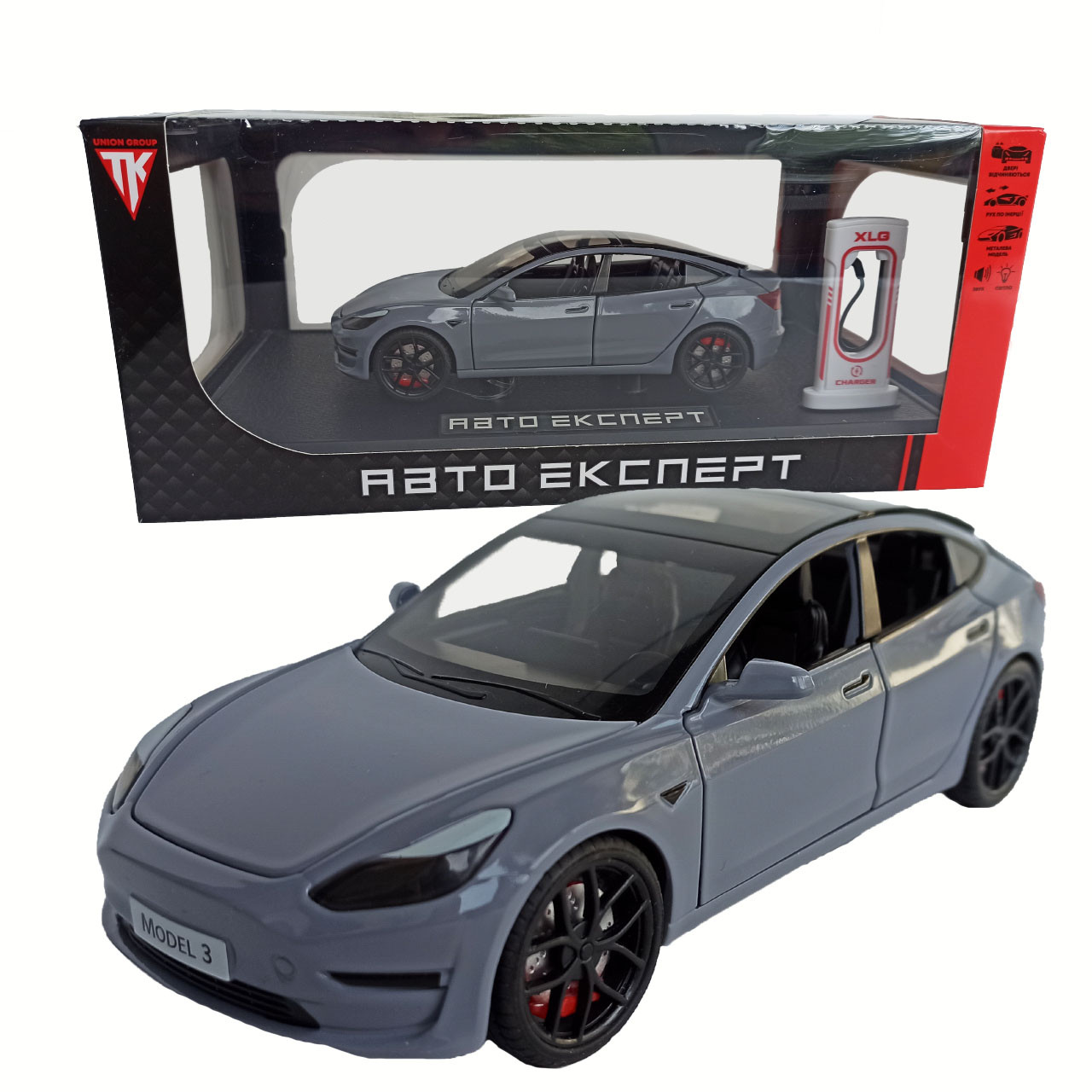 Машинка металева Tesla Model 3 Электромобиль Тесла Модель 3 сіра 1:24 зарядна станція звук світло відч двері 18,5*6*8,5 см (EL