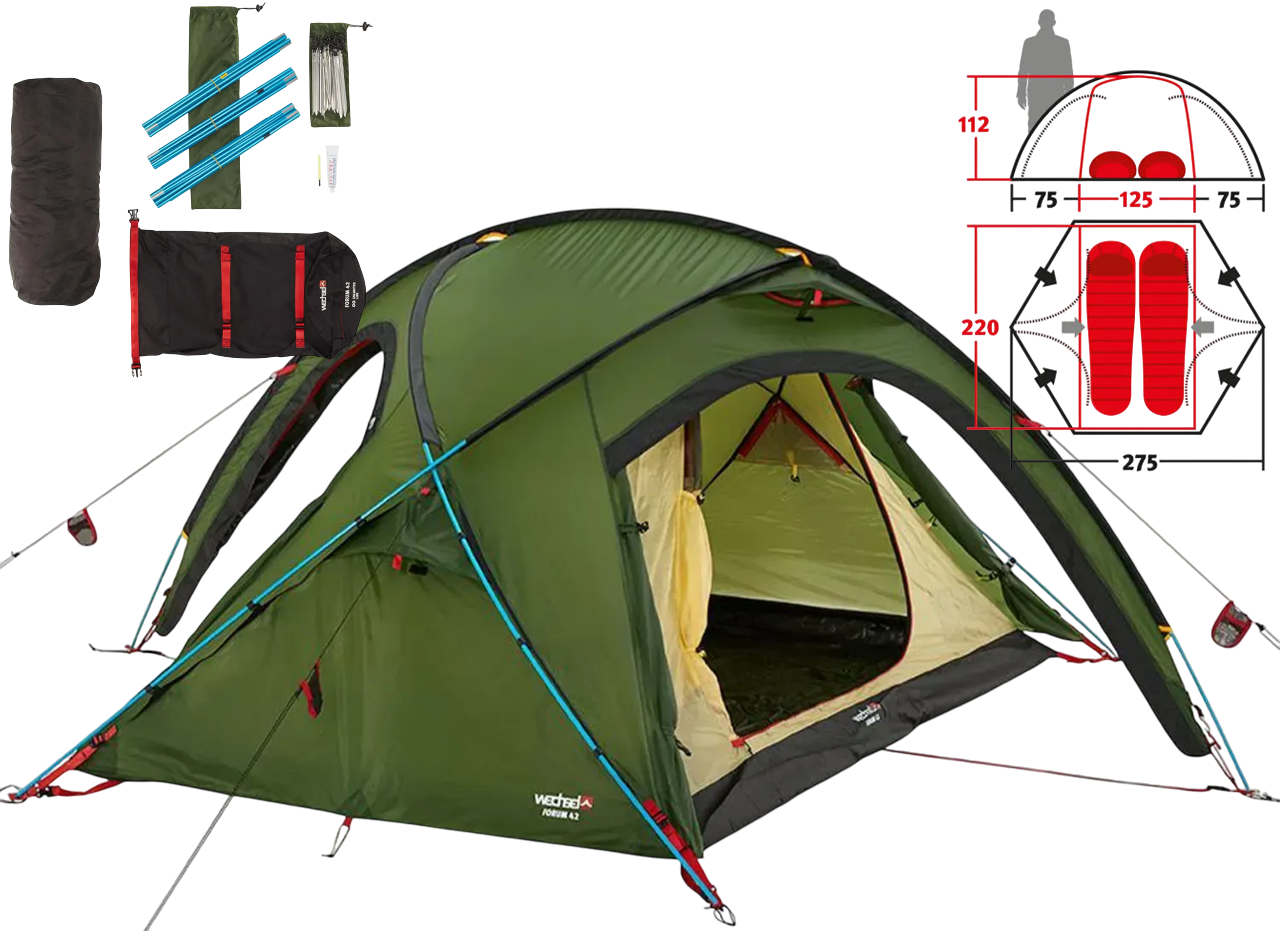 Двомісний намет Wechsel Forum 4 2 UL Green | Двошарова купольна палатка, 2 тамбури, 4 входи, зовнішній алюмінієвий DAC каркас