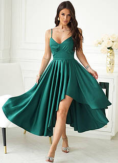 Атласна сукня зеленого кольору з асиметричною довжиною на бретелях