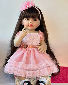 Лялька вінілова 55см, ручна робота, брюнетка в рожевій сукні, Reborn Baby Doll 82