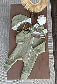 Дитячий мусліновий літній легкий комбінезон чоловічок для новонародженого 0-3 міс 56-62 см Літо