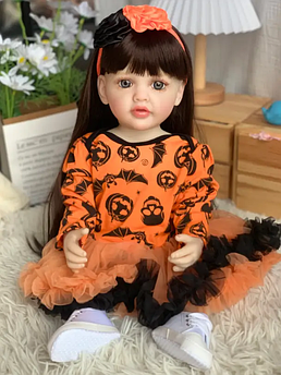 Лялька вінілова 55см, ручна робота, брюнетка в хеллоунській сукні, Reborn Baby Doll 86