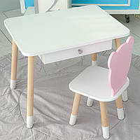 Детский столик белый и стульчик мишка розово-белый. Столик с ящиком для карандашей и разукрашек 21441