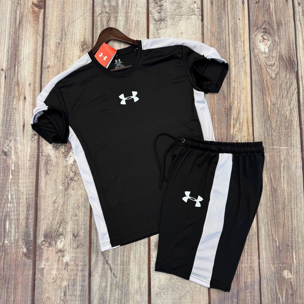 Чоловічий костюм Under Armour з лампасами Футболка + Шорти чорний Комплект Андер Армор на літо, фото 1