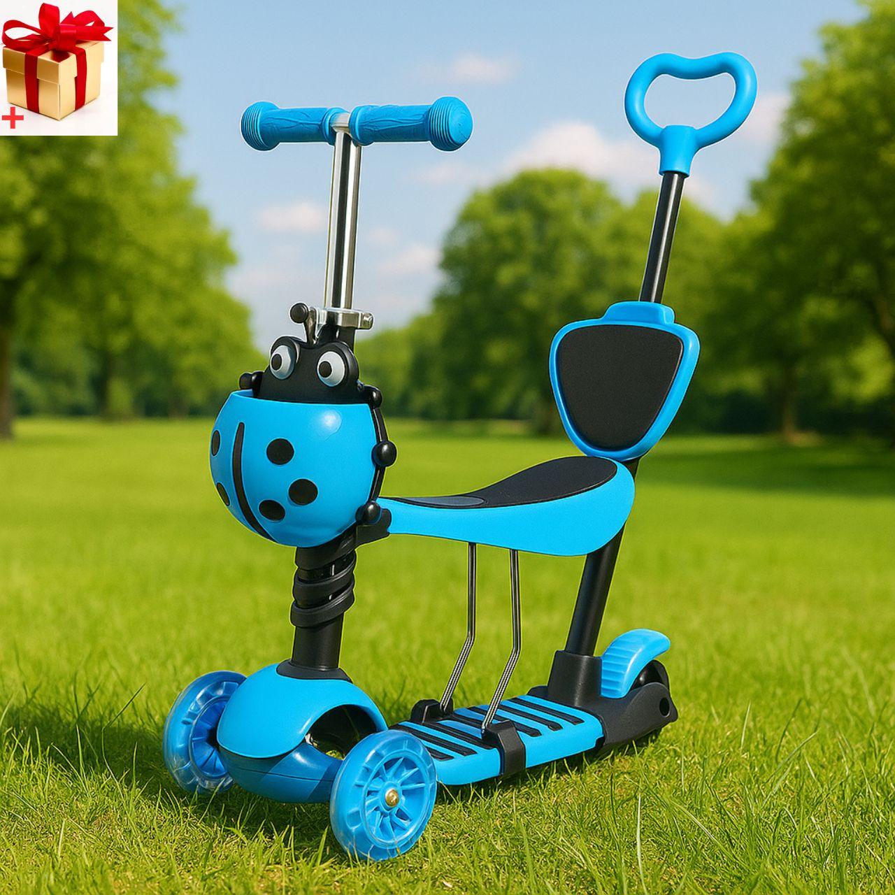 Дитячий самокат Scooter 5 в 1 з батьківською ручкою самокат-біговел Сонечко самокат із кошиком скутер