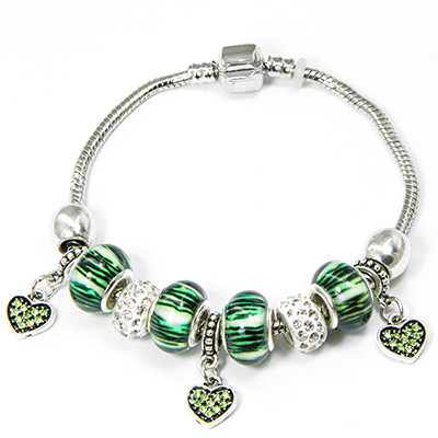 Браслет з Євробусинами зі смоли, лемпворк і латуні, Зелений, 18см, 1 шт, фото 1