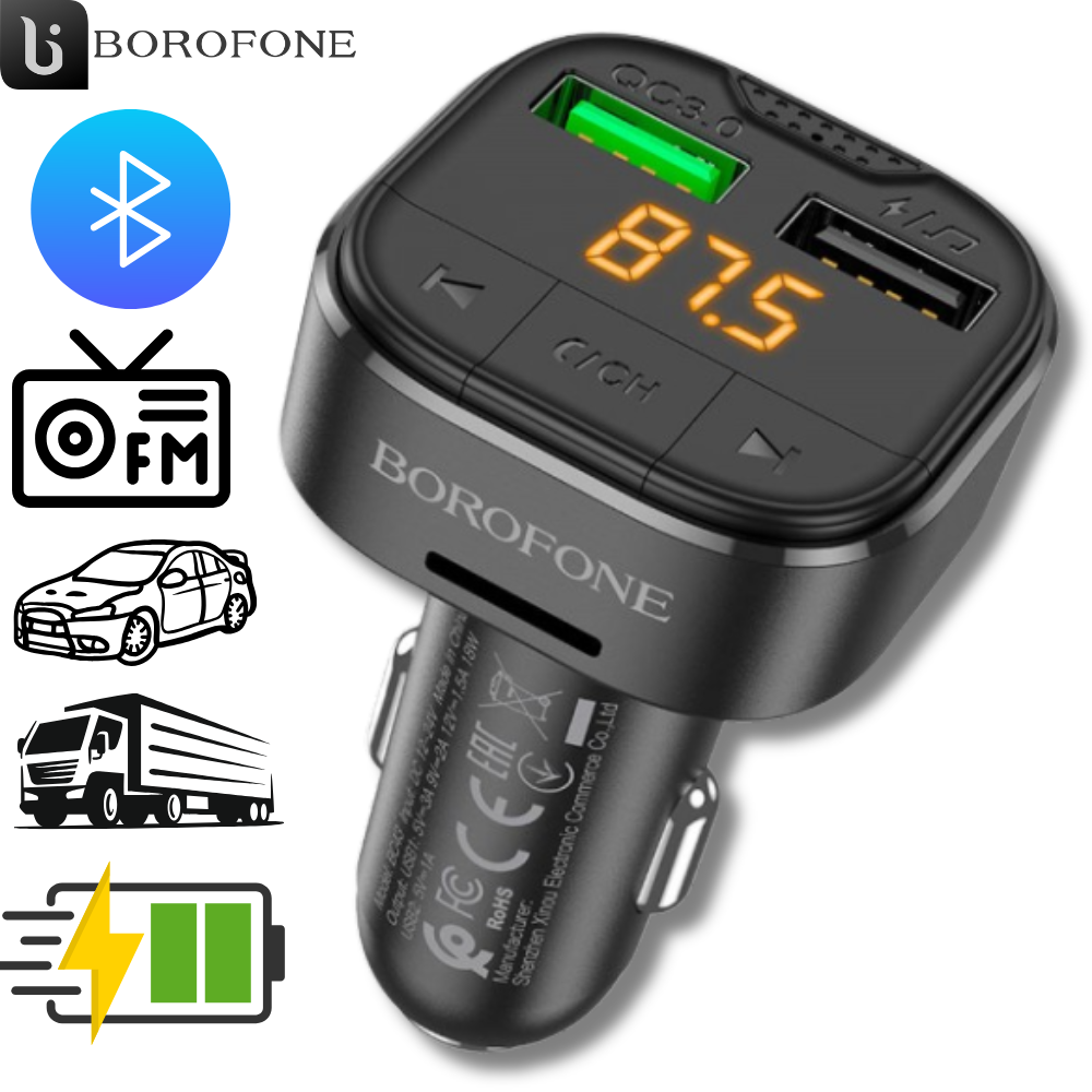 Модулятор для автомобіля Fm трансмітер bluetooth mp3 в машину зі швидкою зарядкою для usb-флешки Borofone, фото 1