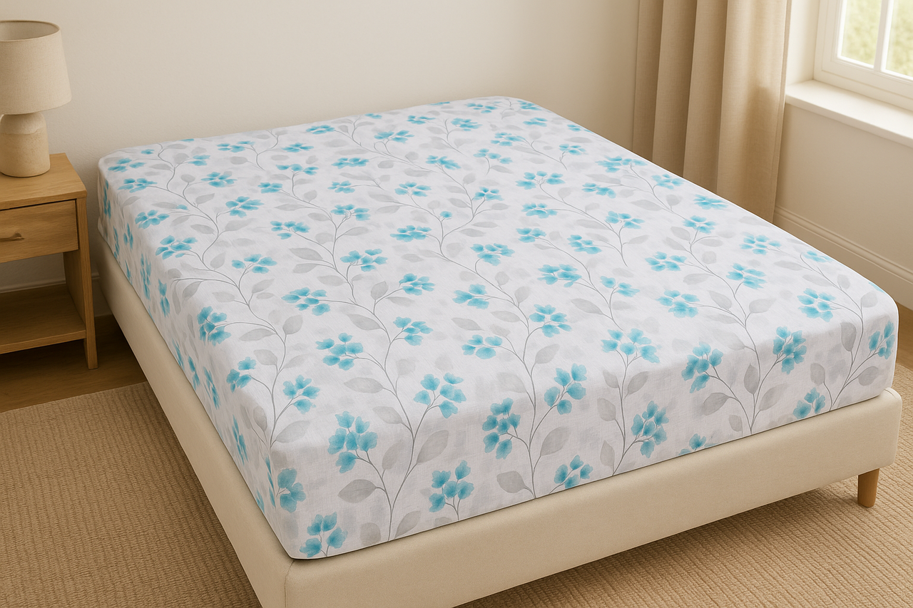 Простирадло на резинці двоспальне "Ніжна гілочка" | Бязь 160х200 см, фото 1