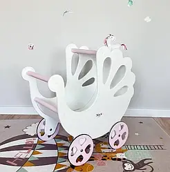 Іграшкова дерев'яна біла коляска для ляльок