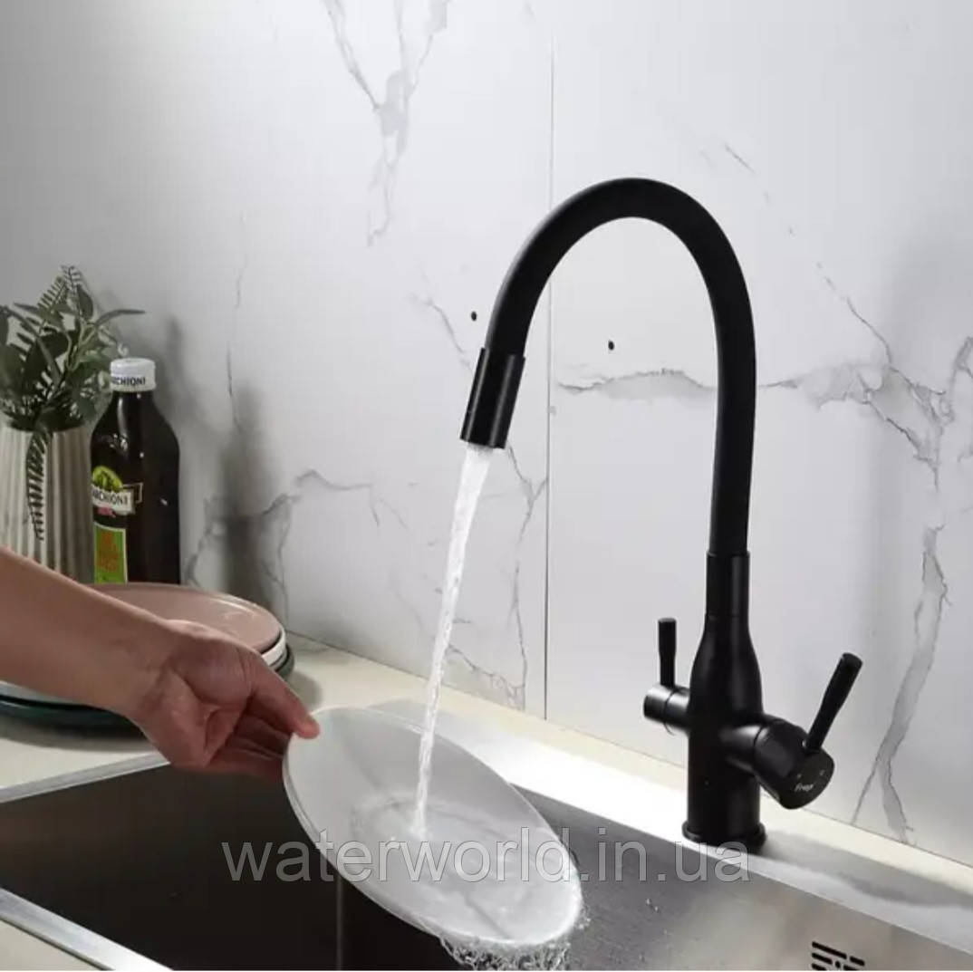 Латунний змішувач для кухні з під'єднанням до фільтра води Frap F4396-6 чорного кольору з гнучким гусаком