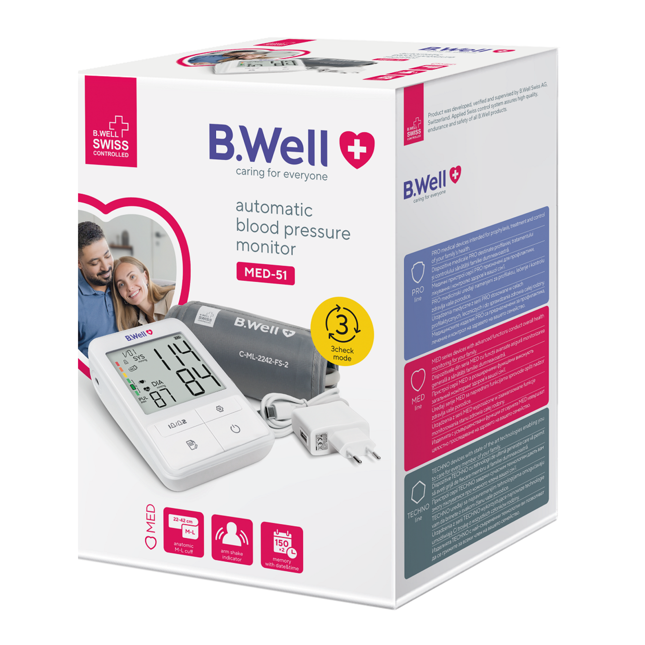 Автоматичний тонометр з універсальною манжетою 22-42 см B.Well MED-51 з адаптером із чохлом із батарейками, фото 1