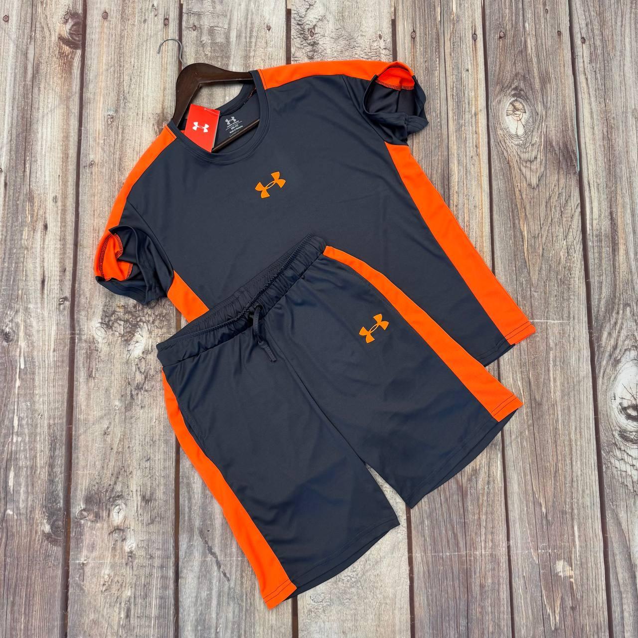 Чоловічий костюм літній Under Armour Футболка + Шорти сірий з помаранчевим Андер Армор на літо з лампасами, фото 1