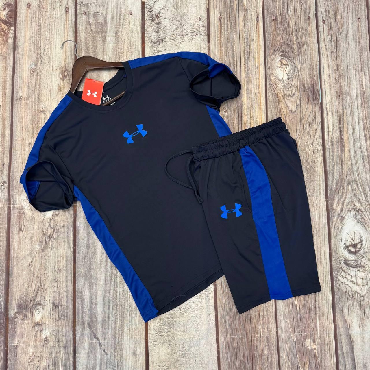Чоловічий літній костюм Under Armour Футболка + Шорти синій Андер Армор на літо з лампасами