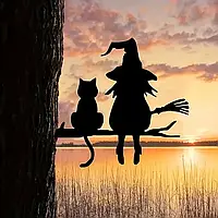Металева фігура відьми з котом 2D(15,6х20 см) декоративна прикраса для саду, двору, дому