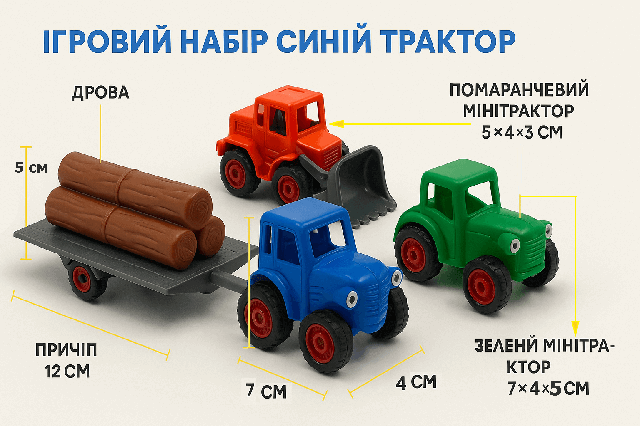 Ігровий набір «Синій трактор» з причепом і міні-технікою, 19 см (арт. 145326)