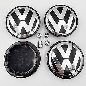 Ковпачки (заглушки) на литі диски  VW (Фольксваген) 65 мм Хром лого, Чорні 4 штуки (3B7601171)+ ковпачки VW 4 штуки
