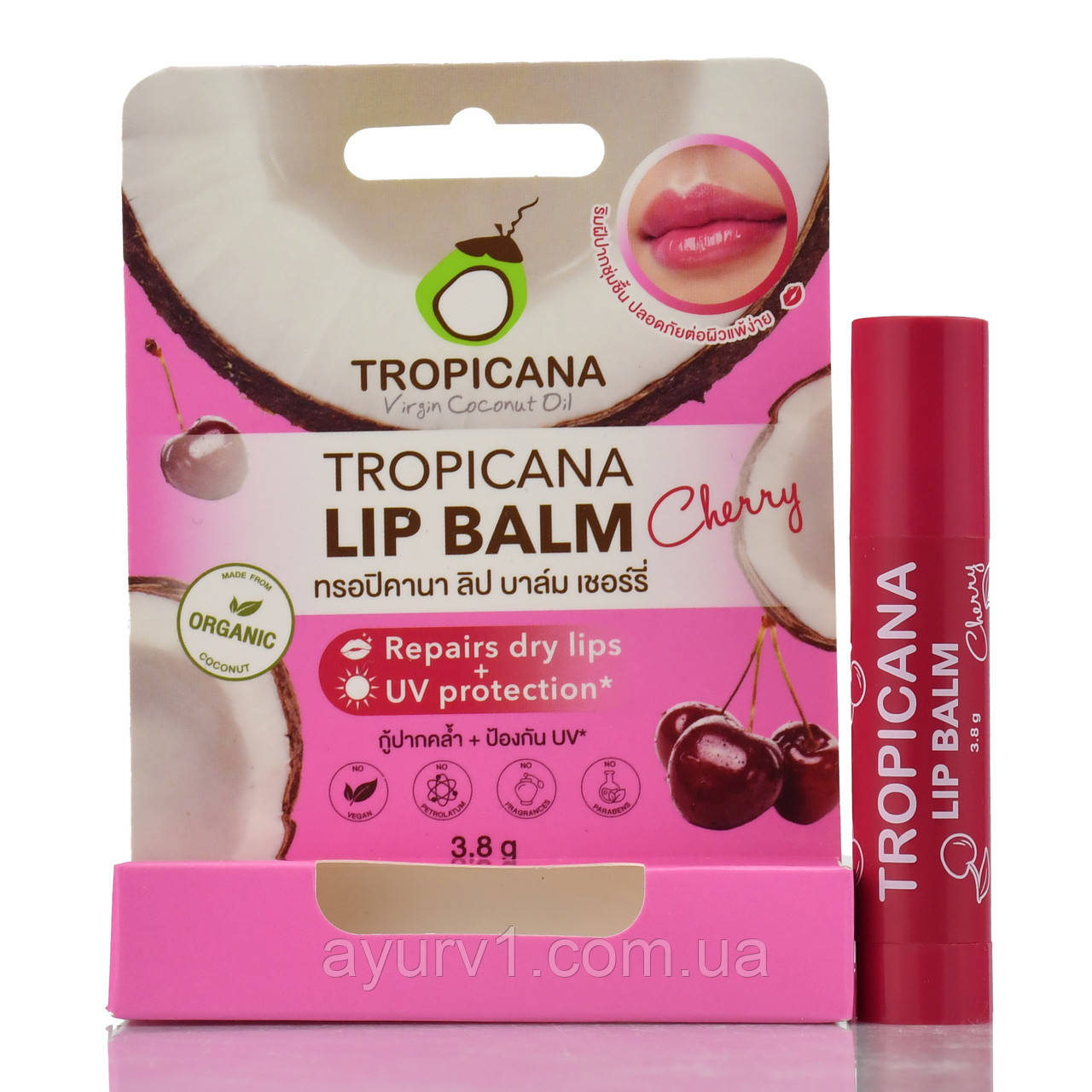 Бальзам для губ у стику на основі натуральної кокосової олії Вишня, Cherry, Tropicana, 3.8 г.