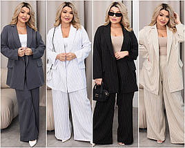 Стильний брючний костюм-двійка в смужку брюки палаццо та піджак розміри батал
