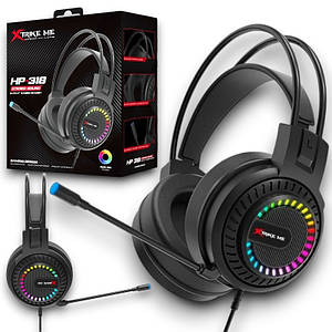 Ігрові навушники з мікрофоном XTRIKE ME HP-318, RGB підсвічування, 50 мм динаміки, AUX+USB, чорні