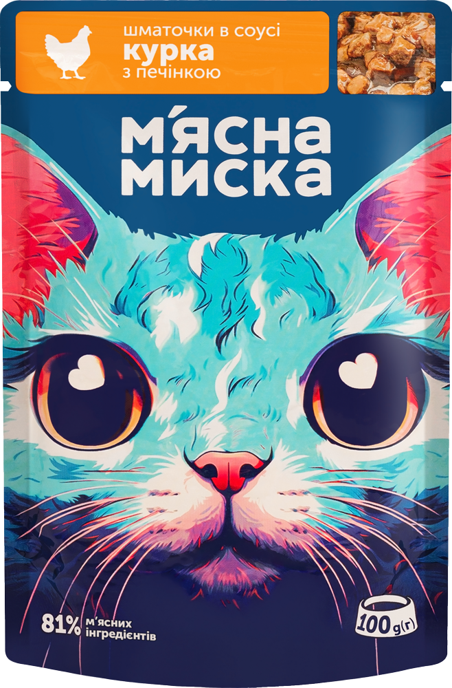 Вологий корм для дорослих кішок М′ясна миска шматочки в соусі з куркою та печінкою 100 гр 24 шт