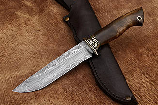 Мисливський ніж ручної роботи з дамаської сталі Гетьман 3, зі шкіряним чохлом у комплекті 60 HRC