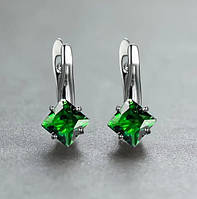 Сережки з зеленим цирконом, сріблясті 1,7*1,3см
