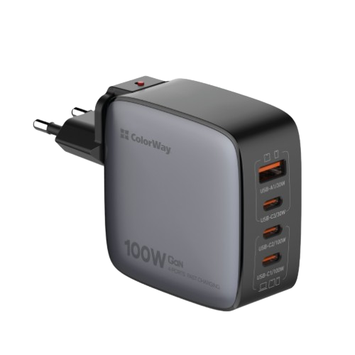 Зарядний пристрій мережевий USB/3Type-C PD 100W чорний GaN ColorWay, фото 1