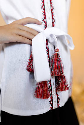 Нарядна святкова дитяча Вишиванка біла з поясом для дівчинки, з червоним орнаментом, фото 2