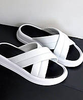 Жіночі літні шльопанці на низьком ходу білі натуральна шкіра