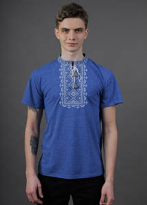 Блакитна Вишита чоловіча футболка бавовняна короткий рукав, Чоловічий одяг з вишивкою