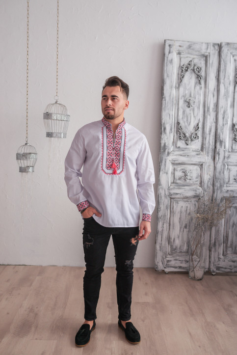 Чоловіча вишита сорочка біла з червоним, Українські національні чоловічі сорочки, Вишиванки вишиті сорочки