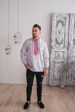 Чоловіча вишита сорочка біла з червоним, Українські національні чоловічі сорочки, Вишиванки вишиті сорочки, фото 1