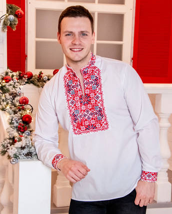 Красива чоловіча вишиванка біла сорочка з червоно-чорним, Модні чоловічі сорочки вишиті, Вишиванка, фото 1