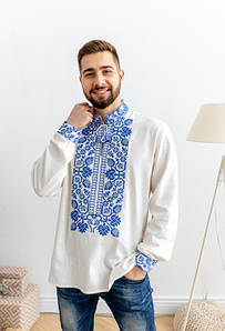 Льняна Вишиванка чоловіча молочного кольору із синьою вишивкою