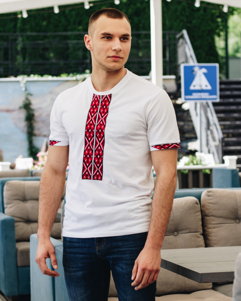 Футболка чоловіча вишиванка Фаворит біла з червоним