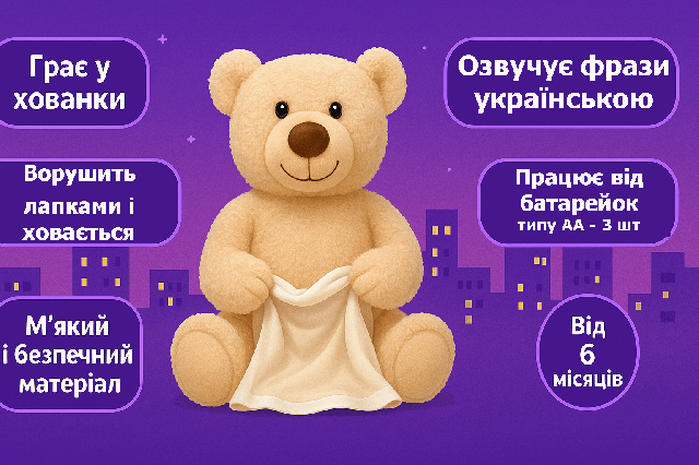 Інтерактивна іграшка "Веселі хованки" — бежевий ведмедик, 27 см, з українськими фразами, для дітей від 6 місяців