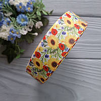 Стрічка репсова 2.5 см малюнок соняшників, мак, волошка