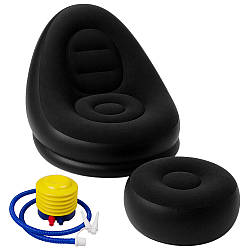 Надувне крісло з пуфиком та насосом Air Sofa, (116х98х83см) Чорний / Надувне велюрове крісло-диван для відпочинку