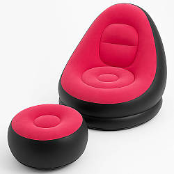 Надувне крісло з пуфиком та насосом Air Sofa, (116х98х83см) Рожевий / Надувне велюрове крісло-диван для відпочинку